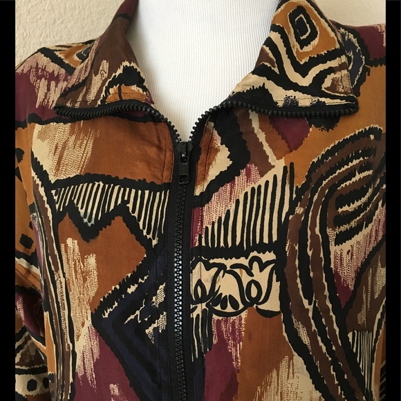 Vintage jacket Silk windbreaker zipper front athletic style jacket abstract - Picture 2 of 8